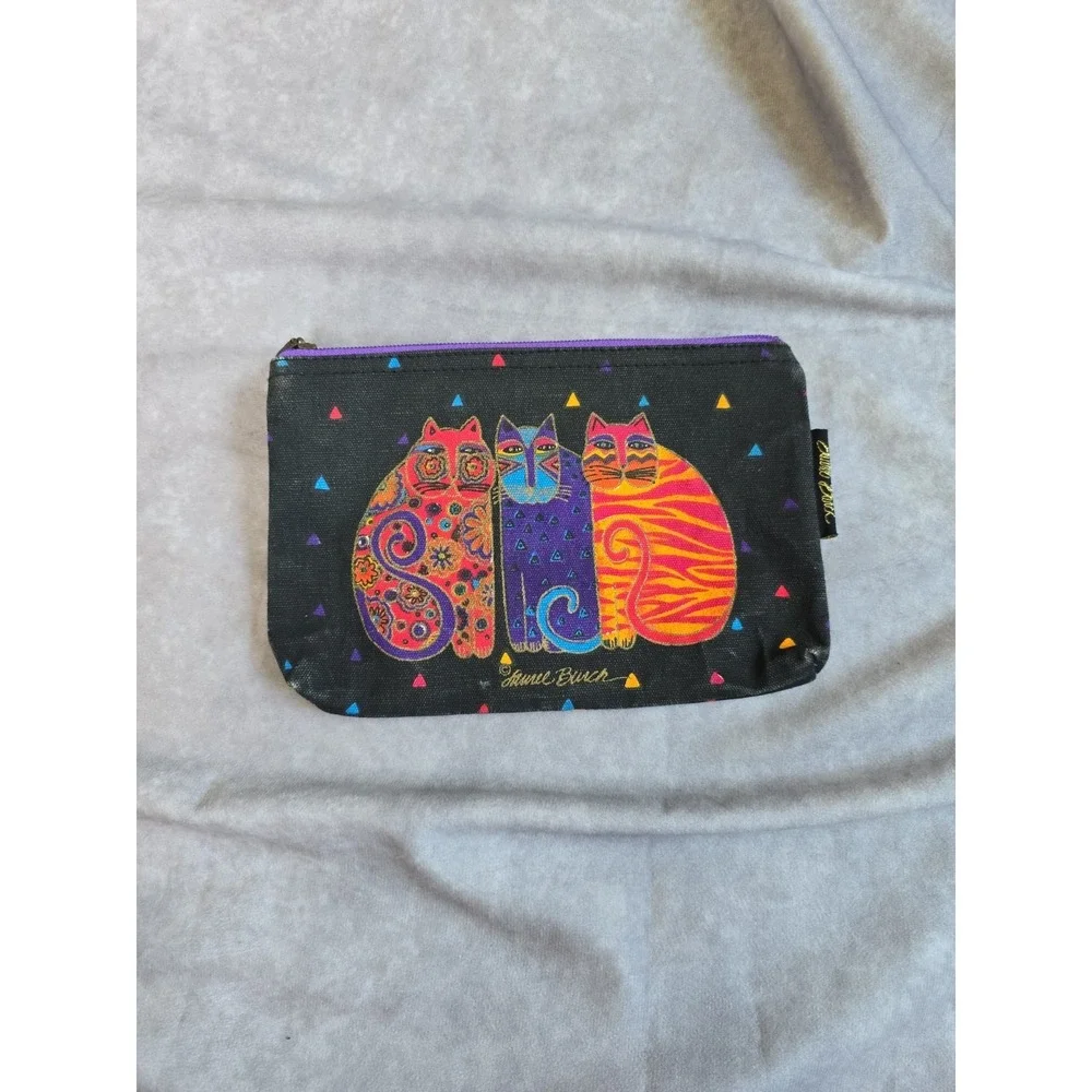 Laurel Burch Colorful Painted Cats On Black Canvas Cosmetic Bag Orange Kitty